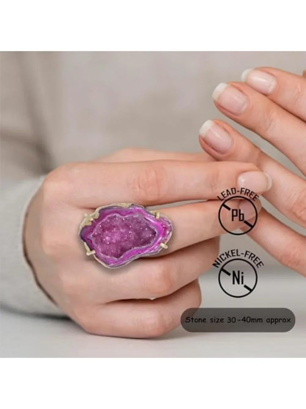 Sparkling Adjustable Gold Plated Druzy Geode Ring for Women - Handmade Statement